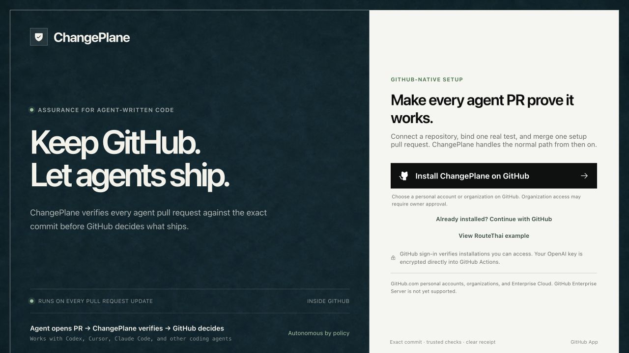 ChangePlane GitHub assurance and exact-commit verification interface
