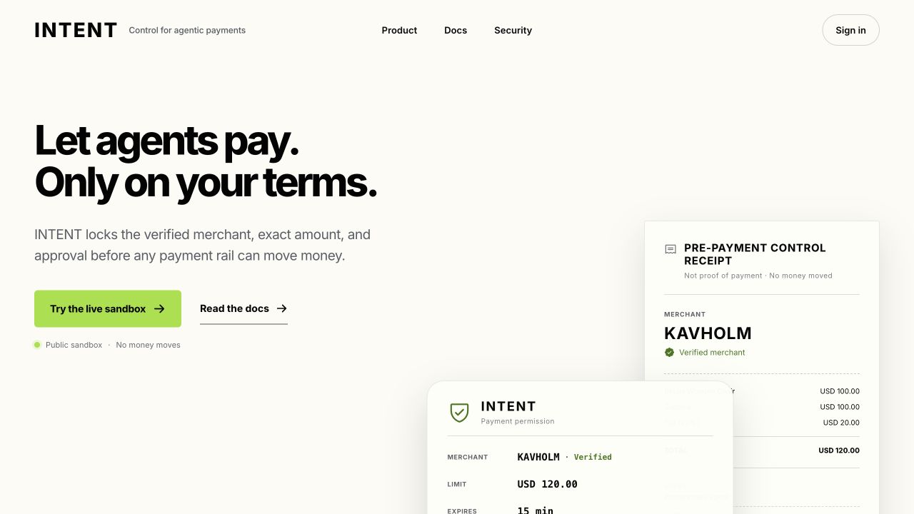 INTENT agent payment permission and pre-payment receipt interface
